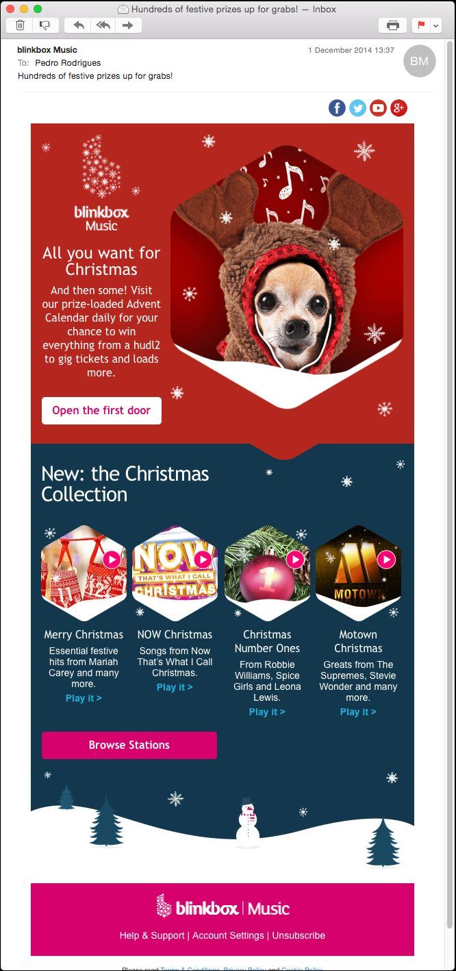 Image of Blinkbox Music email newsletter with the christmas 2014 Mascot, this mascot is a dog chihuahua wearing a hoodie and wired apple pods with music notation symbols on the background, colors red, brown, white and dark browns and dark reds. This is an image related to a project inside Pedro Rodrigues (Treze413) graphic design portfolio.