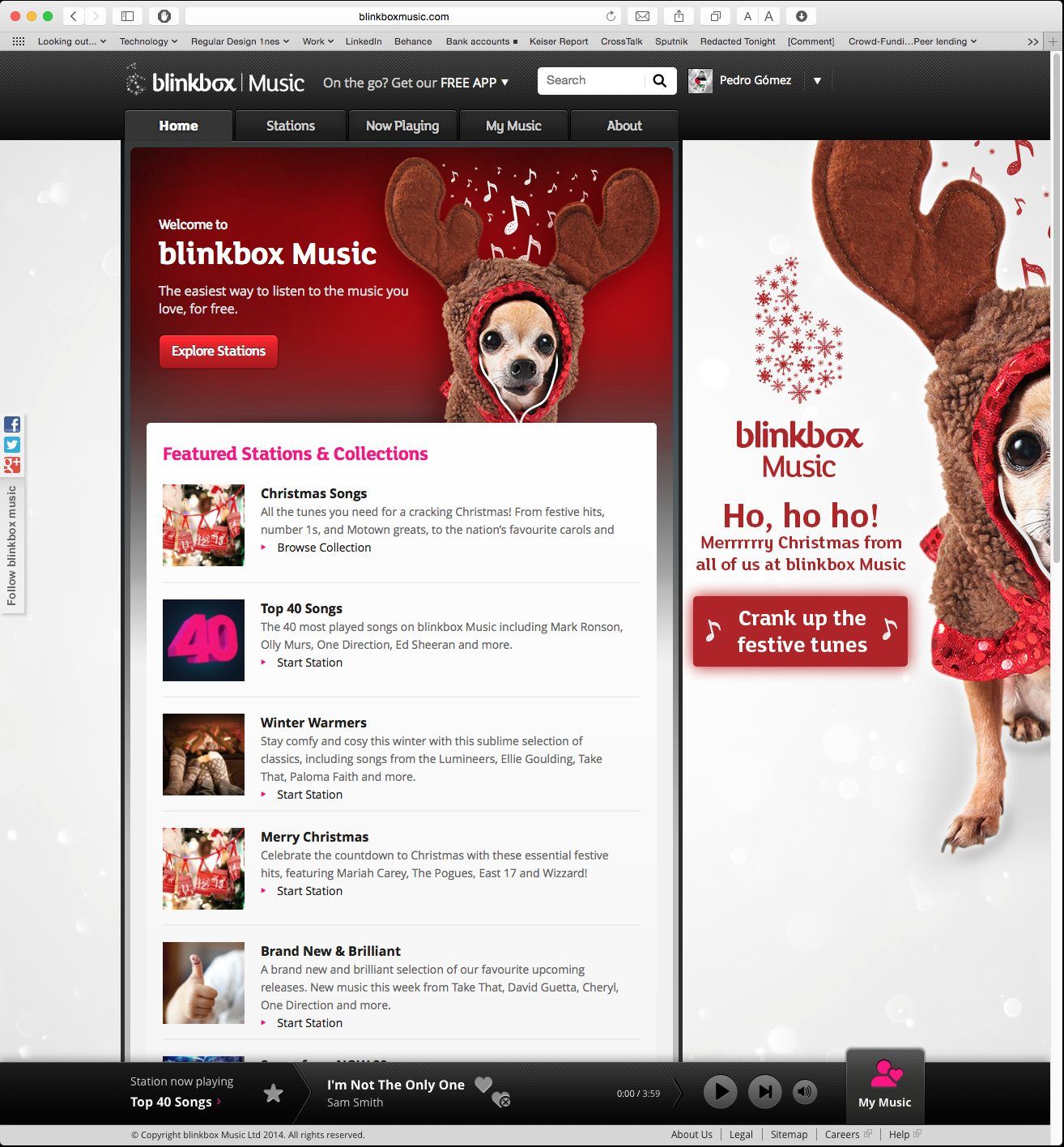 Image of Blinkbox Music Website with the christmas 2014 Mascot, this mascot is a dog chihuahua wearing a hoodie and wired apple pods with music notation symbols on the background, colors red, brown, white and dark browns and dark reds. This is an image related to a project inside Pedro Rodrigues (Treze413) graphic design portfolio.