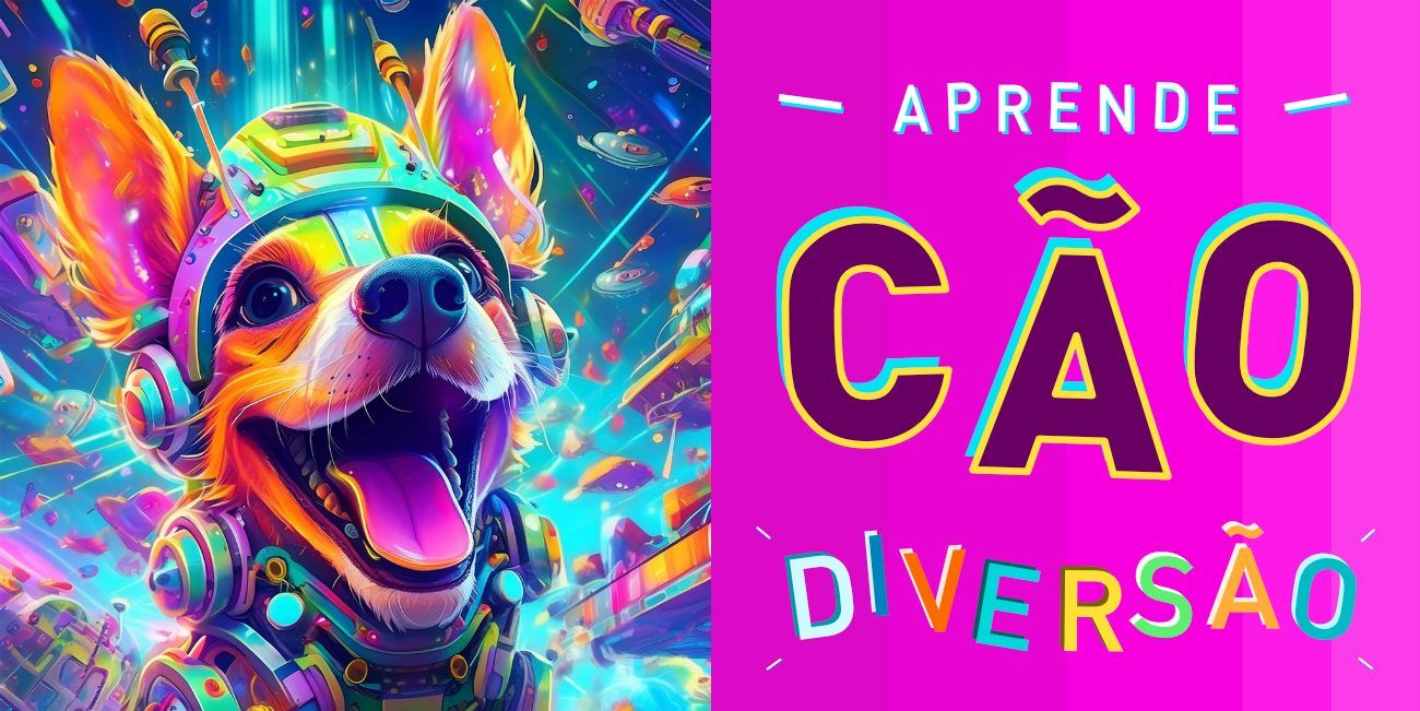 Image of a dog robot with mouth open and with a happy expression, image full of bright colors and flying objects in the background. On the right side of the image is a branding element with the words "Aprende Cao Diversao"This is an image related to a project inside Pedro Rodrigues (Treze413) graphic design portfolio.