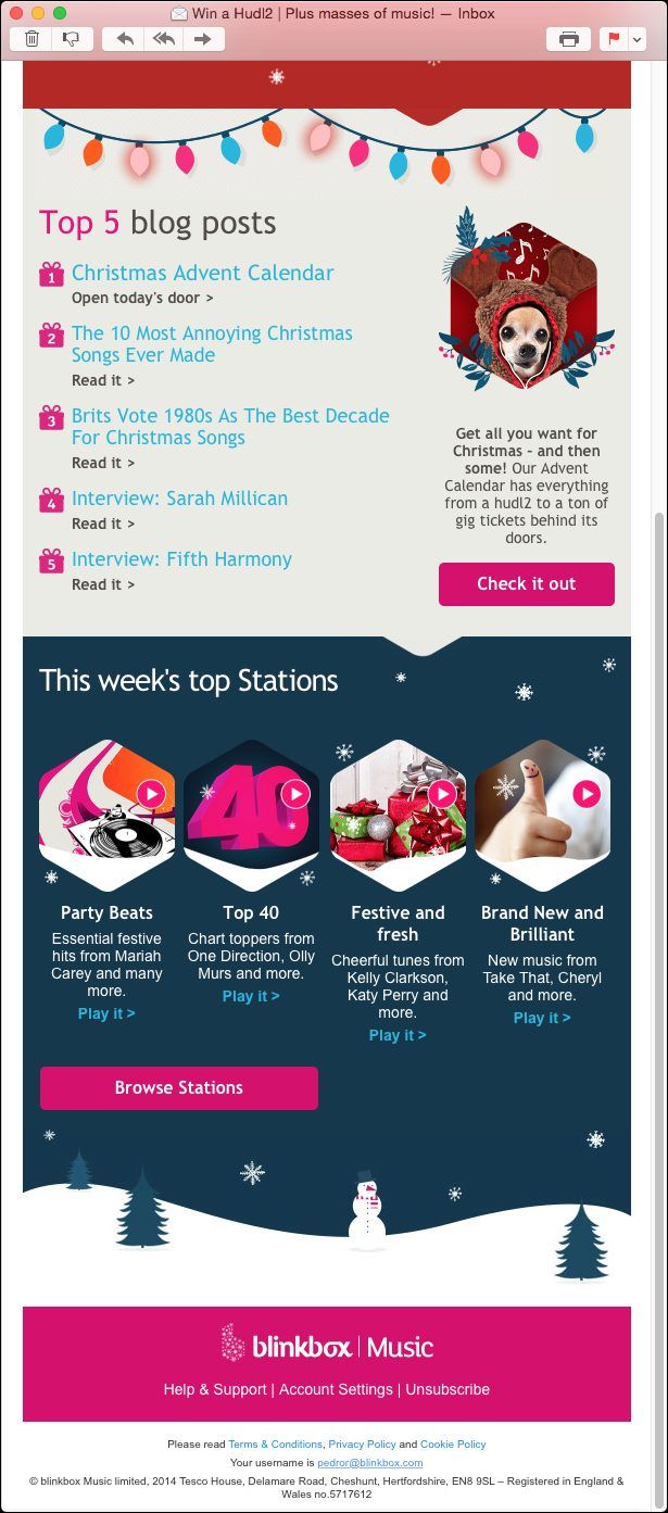 Image of Blinkbox Music email newsletter with the christmas 2014 Mascot, this mascot is a dog chihuahua wearing a hoodie and wired apple pods with music notation symbols on the background, colors red, brown, white and dark browns and dark reds. This is an image related to a project inside Pedro Rodrigues (Treze413) graphic design portfolio.