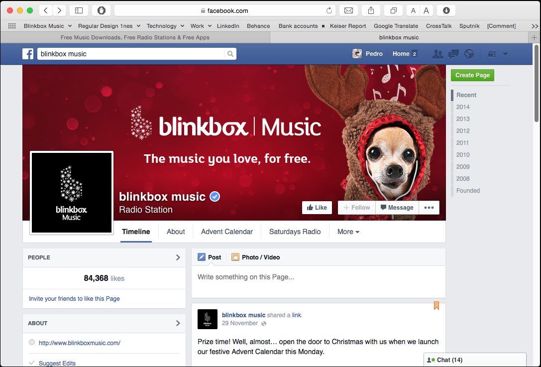 Image of Blinkbox Music Facebook profile with the christmas 2014 Mascot, this mascot is a dog chihuahua wearing a hoodie and wired apple pods with music notation symbols on the background, colors red, brown, white and dark browns and dark reds. This is an image related to a project inside Pedro Rodrigues (Treze413) graphic design portfolio.