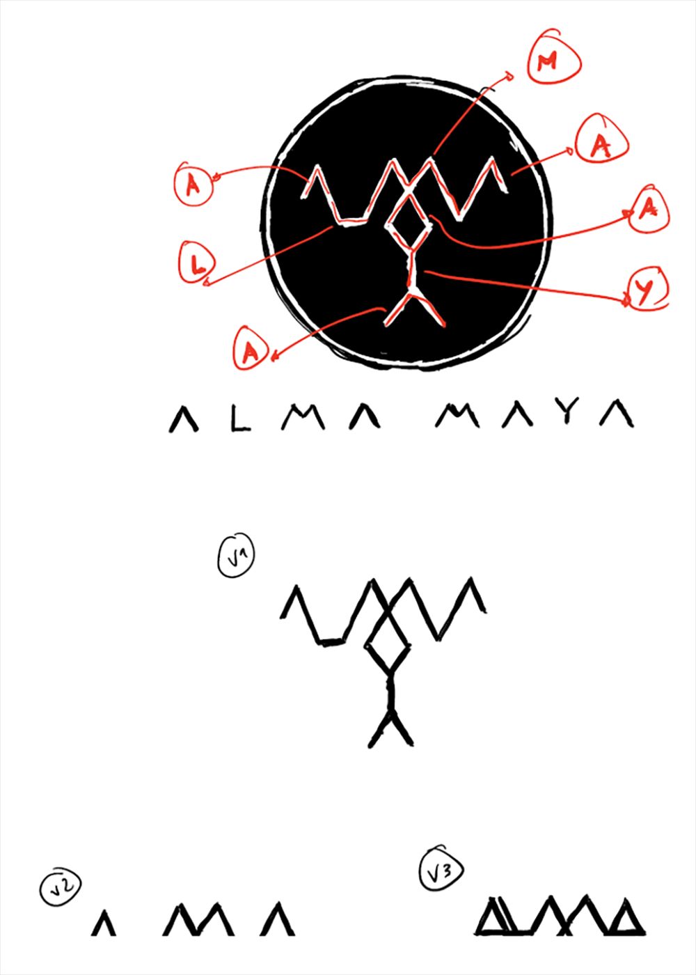 Image of the first versions of the logo Alma Maya.  This is an image related to a project inside Pedro Rodrigues (Treze413) graphic design portfolio.