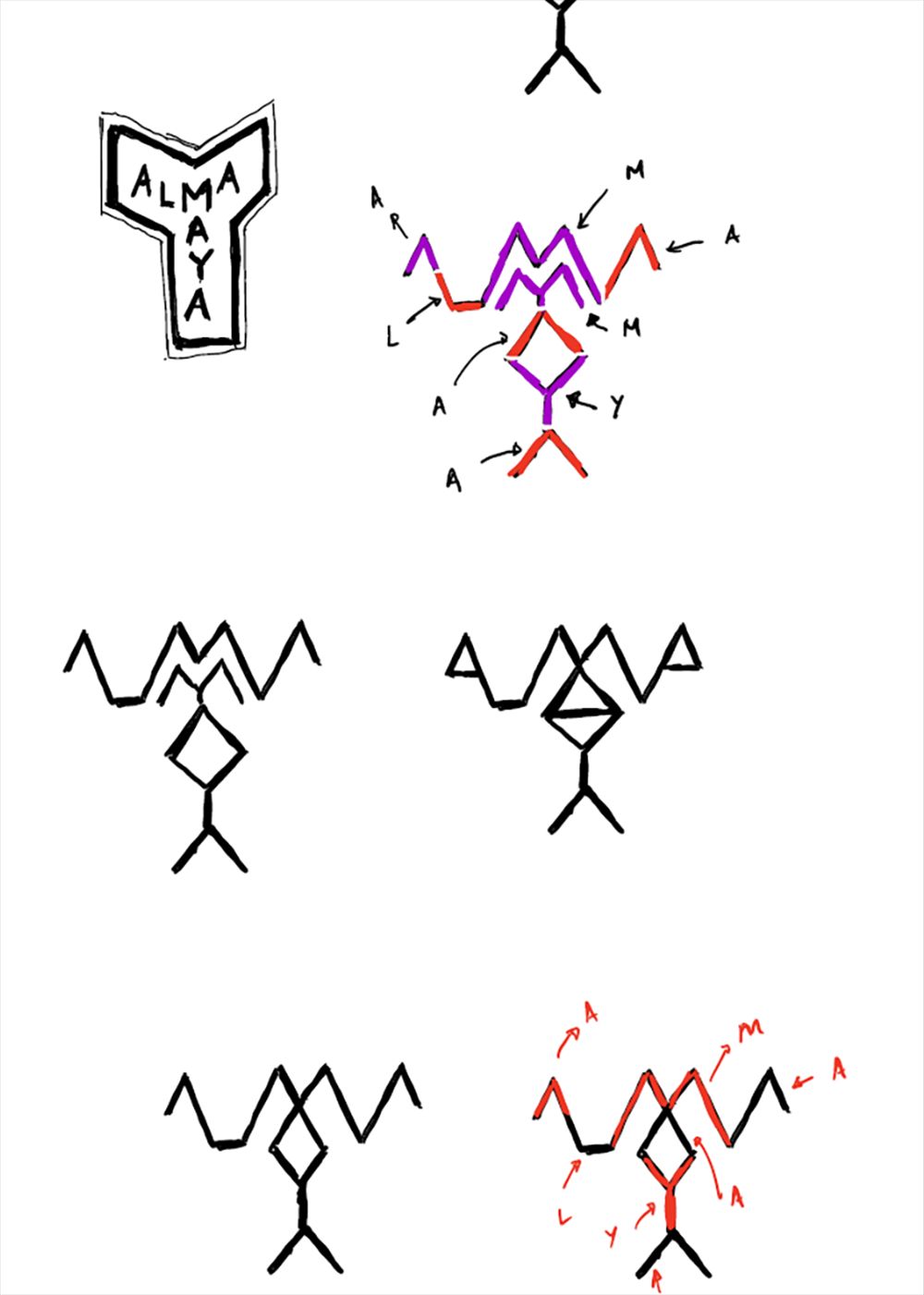 Image of the first versions of the logo Alma Maya.  This is an image related to a project inside Pedro Rodrigues (Treze413) graphic design portfolio.