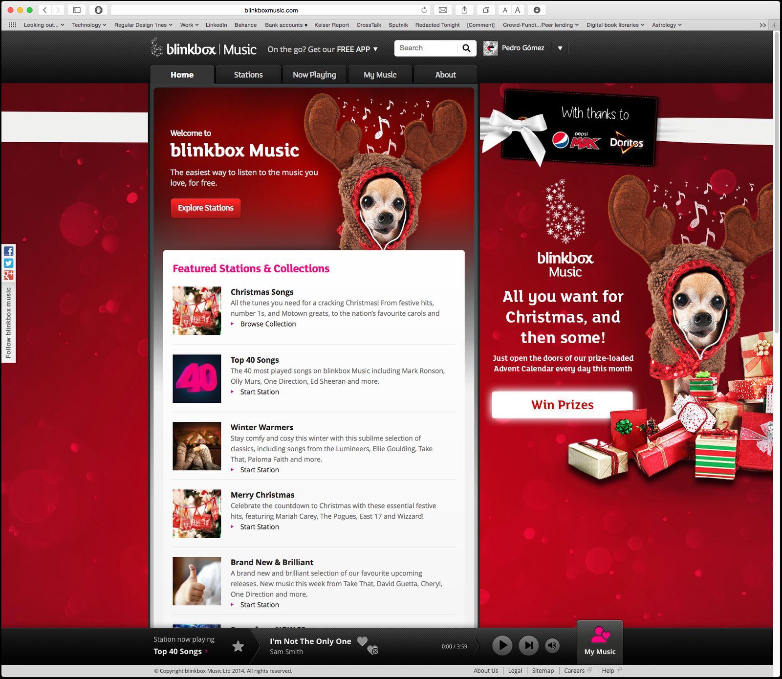 Image of Blinkbox Music Website with the christmas 2014 Mascot, this mascot is a dog chihuahua wearing a hoodie and wired apple pods with music notation symbols on the background, colors red, brown, white and dark browns and dark reds. This is an image related to a project inside Pedro Rodrigues (Treze413) graphic design portfolio.