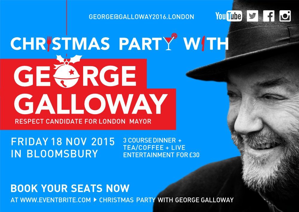 Image of George Galloway for London Mayor 2016 A7 flyer for his chrismas event related to his political campaign. This is an image related to a project inside Pedro Rodrigues (Treze413) graphic design portfolio.