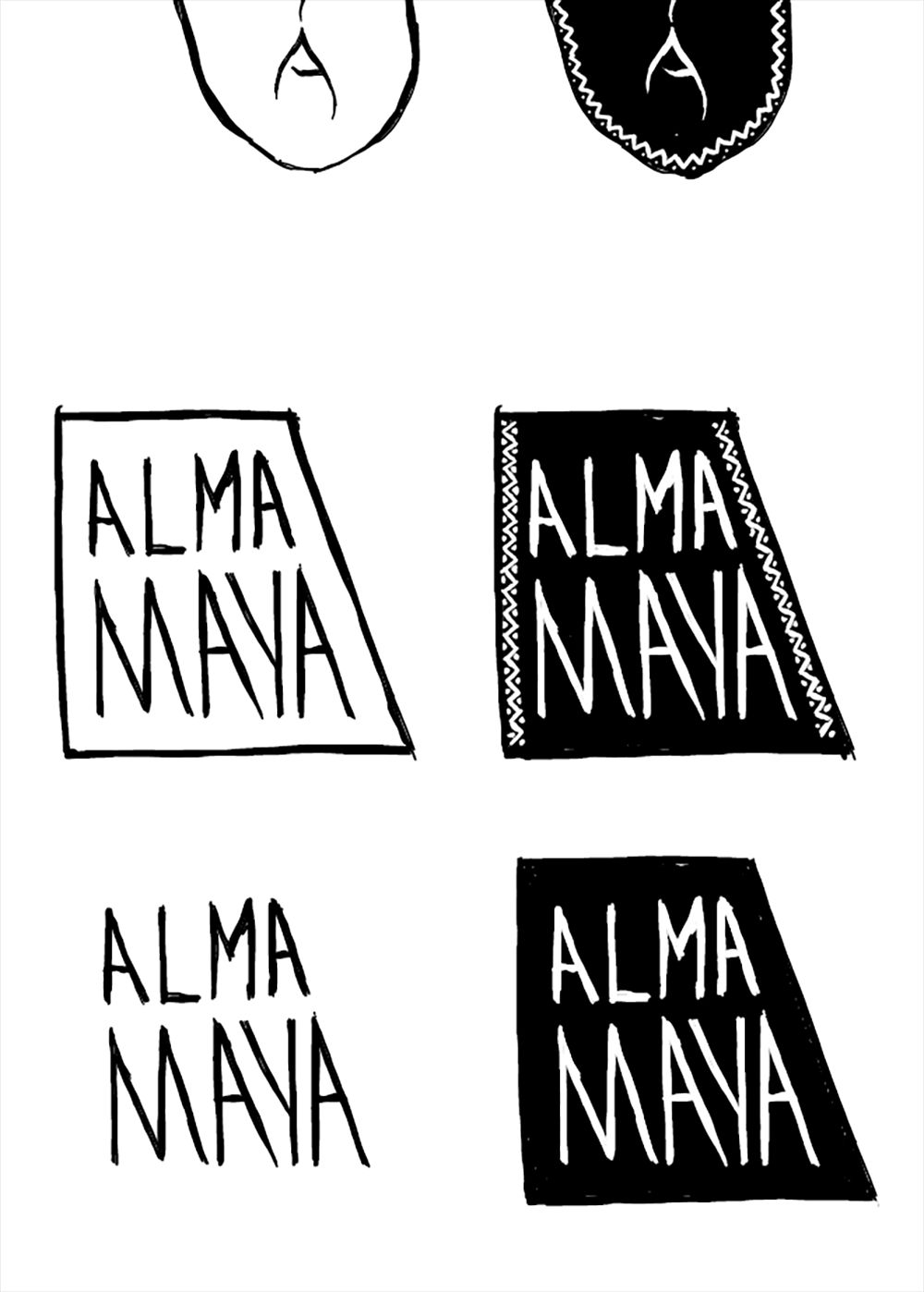Image of the first versions of the logo Alma Maya.  This is an image related to a project inside Pedro Rodrigues (Treze413) graphic design portfolio.