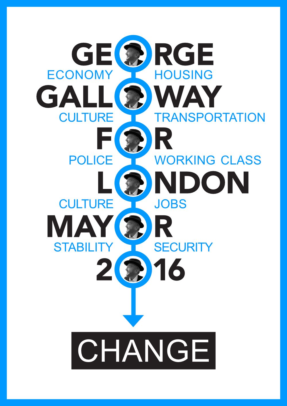 Image of George Galloway for London Mayor 2016 A3 poster for his campaign. This is an image related to a project inside Pedro Rodrigues (Treze413) graphic design portfolio.