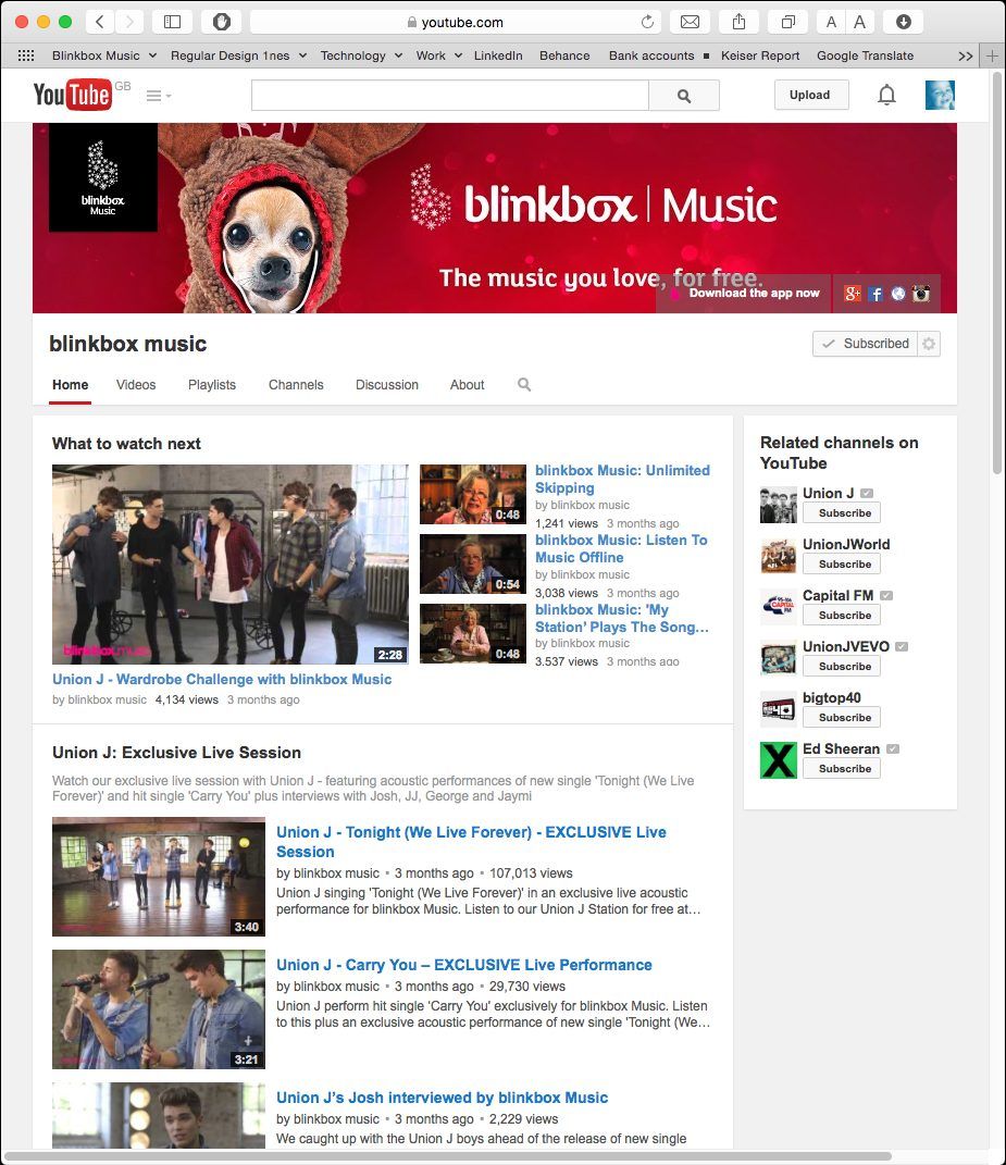 Image of Blinkbox Music Youtube profile with the christmas 2014 Mascot, this mascot is a dog chihuahua wearing a hoodie and wired apple pods with music notation symbols on the background, colors red, brown, white and dark browns and dark reds. This is an image related to a project inside Pedro Rodrigues (Treze413) graphic design portfolio.