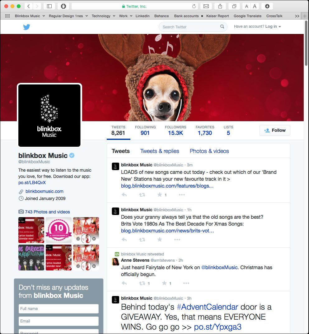 Image of Blinkbox Music Twitter profile with the christmas 2014 Mascot, this mascot is a dog chihuahua wearing a hoodie and wired apple pods with music notation symbols on the background, colors red, brown, white and dark browns and dark reds. This is an image related to a project inside Pedro Rodrigues (Treze413) graphic design portfolio.