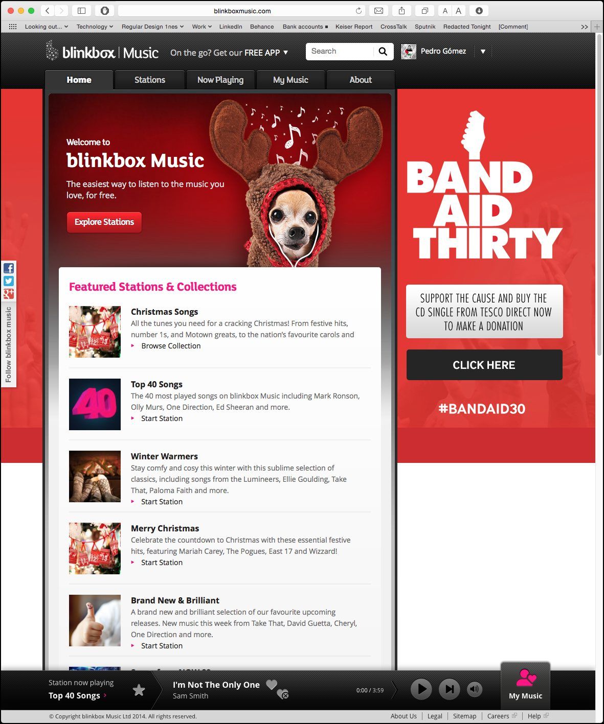 Image of Blinkbox Music Website with the christmas 2014 Mascot, this mascot is a dog chihuahua wearing a hoodie and wired apple pods with music notation symbols on the background, colors red, brown, white and dark browns and dark reds. This is an image related to a project inside Pedro Rodrigues (Treze413) graphic design portfolio.