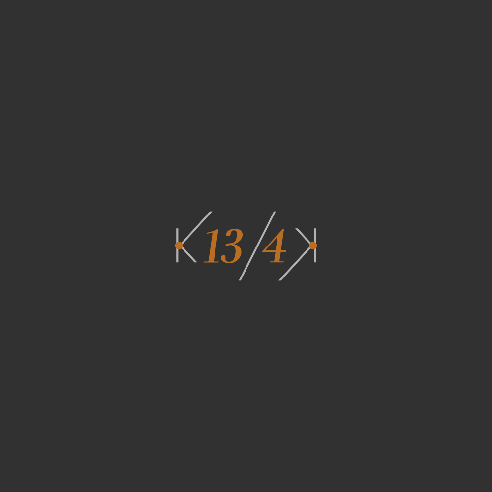 Image of the logo K134K in three colors, light grey, dark grey and gold orange.  This is an image related to a project inside Pedro Rodrigues (Treze413) graphic design portfolio.