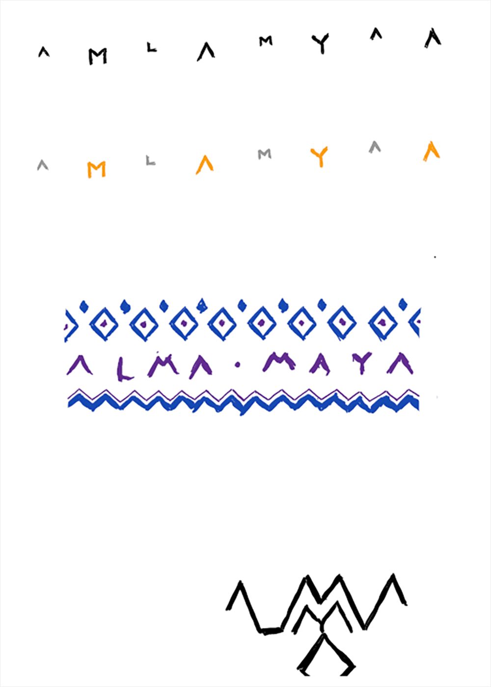 Image of the first versions of the logo Alma Maya.  This is an image related to a project inside Pedro Rodrigues (Treze413) graphic design portfolio.