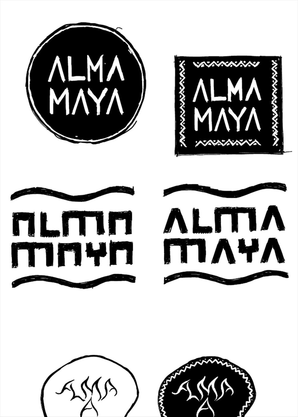 Image of the first versions of the logo Alma Maya.  This is an image related to a project inside Pedro Rodrigues (Treze413) graphic design portfolio.